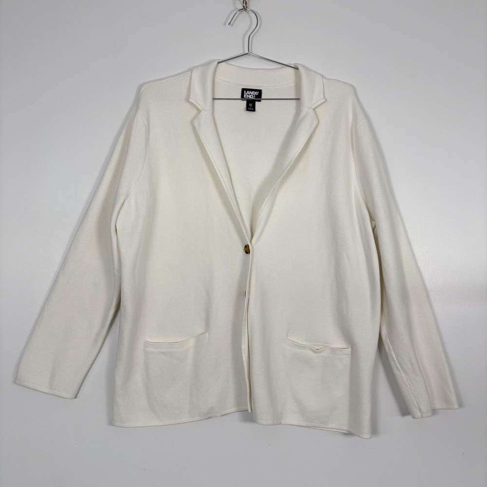 Lands End Cardigan Sweater Womens XL White Collared 100% Cotton Knit Pockets